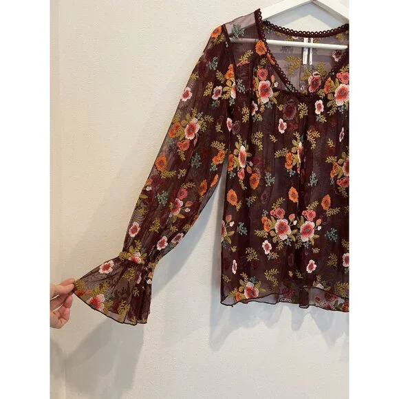 Anthropologie Feather Bone Top XS Size Ruffled Giralda Blouse Embroidery Floral - Picture 9 of 13